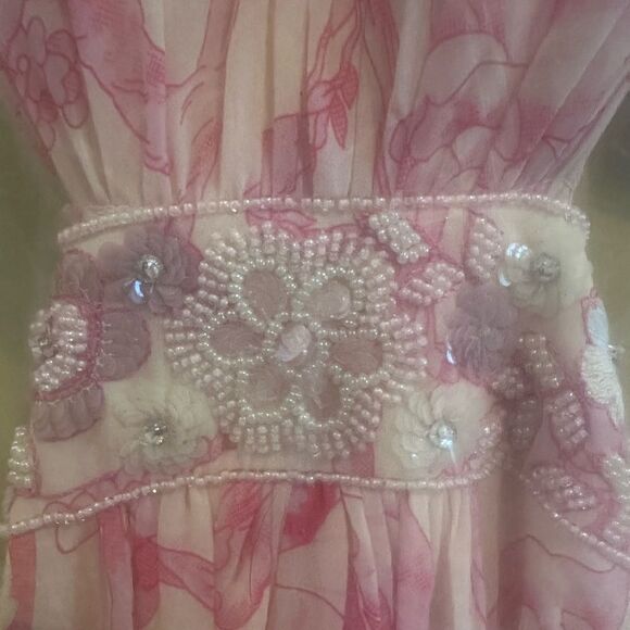 NWT MAC DUGGAL Pink Floral Printed Ruffle Shoulder Lace Up Gown Size 2 - Picture 5 of 9